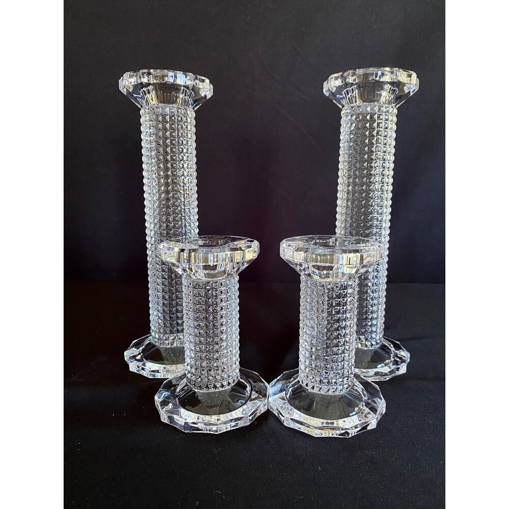 Set of 4 Stunning Crystal Candlestick Holders | Pillar Textured Stem